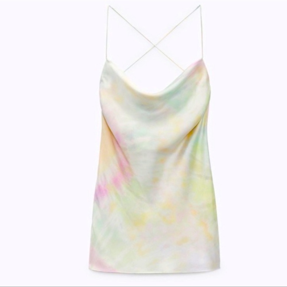 Worn once! Zara pastel tie dye cowl neck mini
dress! With a drapey back